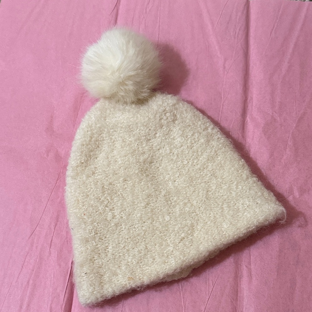Universal Thread Cream Fuzzy Beanie with Pom-Pom